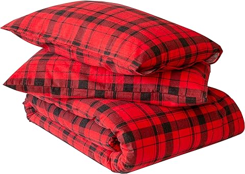Friends at Home 180 Gram Cotton Heavyweight Flannel Duvet Cover Sets (Red, Black, S-Plaid, Queen)